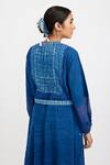 Buy_Jayati Goenka_Blue Cotton Handblock Print Checks Band Collar Tiered Panelled Dress _Online_at_Aza_Fashions