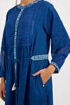 Shop_Jayati Goenka_Blue Cotton Handblock Print Checks Band Collar Tiered Panelled Dress _Online_at_Aza_Fashions