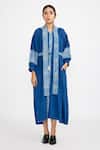 Shop_Jayati Goenka_Blue Hand Block Print Checkered V Neck Puffed Sleeve Dress _Online_at_Aza_Fashions