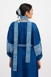 Jayati Goenka_Blue Hand Block Print Checkered V Neck Puffed Sleeve Dress _at_Aza_Fashions