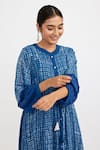 Jayati Goenka_Blue Cotton Handblock Print Checks Band Collar Checkered Button-down Dress _Online_at_Aza_Fashions