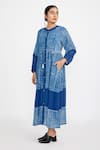 Shop_Jayati Goenka_Blue Cotton Handblock Print Checks Band Collar Checkered Button-down Dress _Online_at_Aza_Fashions