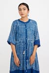 Buy_Jayati Goenka_Blue Cotton Handblock Print Checks Band Collar Checkered Button-down Dress _Online_at_Aza_Fashions