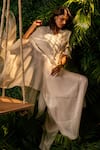 Pallavi Poddar_Ivory Dupion And Organza Embroidery Sequin & Thread V Bodice Tunic & Pant Set _at_Aza_Fashions