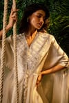 Buy_Pallavi Poddar_Ivory Dupion And Organza Embroidery Sequin & Thread V Bodice Tunic & Pant Set _Online_at_Aza_Fashions