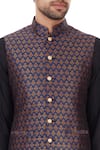 Vavci_Blue Brocade Raw Silk Printed Ethnic Motifs Nehru Jacket  _at_Aza_Fashions