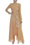 Buy_Nidzign Couture_Peach Georgette Embroidery Thread Round Draped Panel Jumpsuit _at_Aza_Fashions