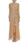 Nidzign Couture_Peach Georgette Embroidery Thread Round Draped Panel Jumpsuit _Online_at_Aza_Fashions