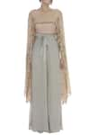 Nidzign Couture_Beige Georgette Embroidery Boat Embellished Cape Top With Pleated Waist Pants  _Online_at_Aza_Fashions