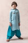 Buy_Thetaa_Sky Blue Cotton, Viscose, Silk Embroidery Pocket Print Pathani Kurta Set_Online_at_Aza_Fashions
