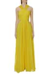 Swatee Singh_Yellow Georgette V Neck Cutout Pintuck Detail Gown _Online_at_Aza_Fashions