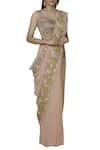 Buy_AHARIN INDIA_Beige Georgette Leaf Neck Embroidered Saree Set _at_Aza_Fashions