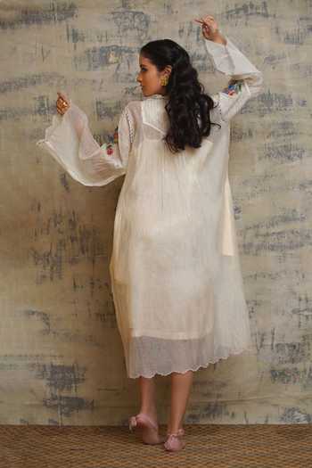 Shop_Dhaari_White Cotton Silk Band Collar Embroidered Dress _at_Aza_Fashions