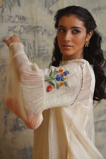Dhaari_White Cotton Silk Band Collar Embroidered Dress _Online_at_Aza_Fashions
