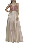 Buy_Shehlaa Khan_Peach Velvet Square Neck Embroidered Gown _at_Aza_Fashions