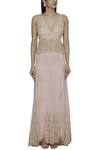 Buy_Shehlaa Khan_Beige Tulle, Satin Deep V-shaped Neckline Embroidered Gown _Online_at_Aza_Fashions