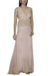 Buy_Shehlaa Khan_Beige Tulle, Satin Deep V-shaped Neckline Embroidered Gown _at_Aza_Fashions