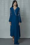 Buy_Aariyana Couture_Blue Georgette V Neck Draped Midi Dress _Online_at_Aza_Fashions