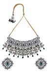 Shop_Moh-Maya By Disha Khatri_Silver Plated Emerald Antique Stone Jewellery Set_at_Aza_Fashions