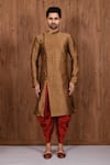 Aryavir Malhotra_Brown Dupion Silk Woven Floral Sherwani Set _Online_at_Aza_Fashions