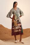 Cord_Blue Linen Printed High Tea V Neck Summer Dress _Online_at_Aza_Fashions