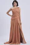 Buy_Swatee Singh_Peach Georgette Asymmetric One Shoulder Slit Gown _at_Aza_Fashions