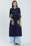 Buy_Ranian_Blue Silk Blend Spread Collar Embroidered Kurta Set _at_Aza_Fashions