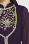 Aksh_Purple Organza, Georgette Band Collar Embroidered Anarkali Set_at_Aza_Fashions