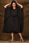 Aariyana Couture_Black Modal Satin Leaf Neck Embellished Kaftan Dress_Online_at_Aza_Fashions