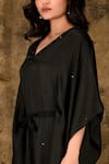 Aariyana Couture_Black Modal Satin Leaf Neck Embellished Kaftan Dress_at_Aza_Fashions