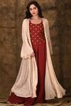 Buy_Aariyana Couture_Maroon Viscose Beads, Embroidery Round , Open Jacket And Pleated Pant Set_at_Aza_Fashions