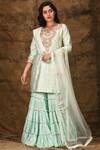 Aariyana Couture_Blue Cotton, Silk, Net Tassels, Lace Split V-neck Embroidered Kurta Sharara Set_Online_at_Aza_Fashions