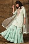 Buy_Aariyana Couture_Blue Cotton, Silk, Net Tassels, Lace Split V-neck Embroidered Kurta Sharara Set_at_Aza_Fashions