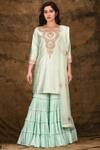 Buy_Aariyana Couture_Blue Cotton, Silk, Net Tassels, Lace Split V-neck Embroidered Kurta Sharara Set_Online_at_Aza_Fashions