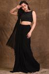 Buy_Aariyana Couture_Black Blouse Dupion Boat Embellished Pre-draped Saree _at_Aza_Fashions