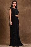 Aariyana Couture_Black Blouse Dupion Boat Embellished Pre-draped Saree _Online_at_Aza_Fashions