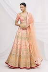 Buy_Aariyana Couture_Peach Dupion Diamond Neck Embroidered Bridal Lehenga Set _at_Aza_Fashions