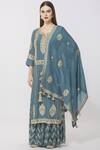 Simar Dugal_Blue Cotton Chanderi Notched Kurta Sharara Set  _Online_at_Aza_Fashions
