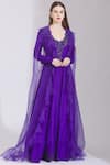 Shop_Parul and Preyanka_Purple Viscose Silk Round Embroidered Anarkali With Cape _Online_at_Aza_Fashions