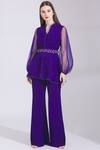 Parul And Preyanka_Purple Heavy Crepe, Silk Organza V Neck Flared Pant Set _Online_at_Aza_Fashions