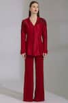 Buy_Parul And Preyanka_Red Chanderi Heavy Crepe, Silk Dobby Lapel Pant Set _Online_at_Aza_Fashions