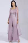 Buy_Parul and Preyanka_Purple Satin Linen Jumpsuit Sweetheart Jacket Lapel Flared With  _at_Aza_Fashions