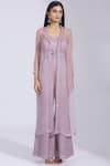 Parul and Preyanka_Purple Satin Linen Jumpsuit Sweetheart Jacket Lapel Flared With  _Online_at_Aza_Fashions