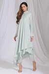 Buy_Aariyana Couture_Blue Cotton, Silk Beads Collared Asymmetric Kurta And Pant Set_at_Aza_Fashions