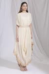 Aariyana Couture_Beige Chinon Round Cowl Draped Dress_Online_at_Aza_Fashions