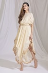 Buy_Aariyana Couture_Beige Chinon Round Cowl Draped Dress_at_Aza_Fashions