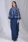 Buy_Aariyana Couture_Blue Modal Satin Cape Mandarin Collar Jumpsuit Round Draped With _Online_at_Aza_Fashions