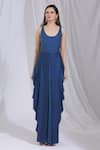 Shop_Aariyana Couture_Blue Modal Satin Cape Mandarin Collar Jumpsuit Round Draped With _Online_at_Aza_Fashions