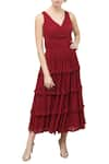 Buy_Swatee Singh_Maroon V Neck Tiered Midi Dress  _at_Aza_Fashions