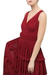 Swatee Singh_Maroon V Neck Tiered Midi Dress  _Online_at_Aza_Fashions